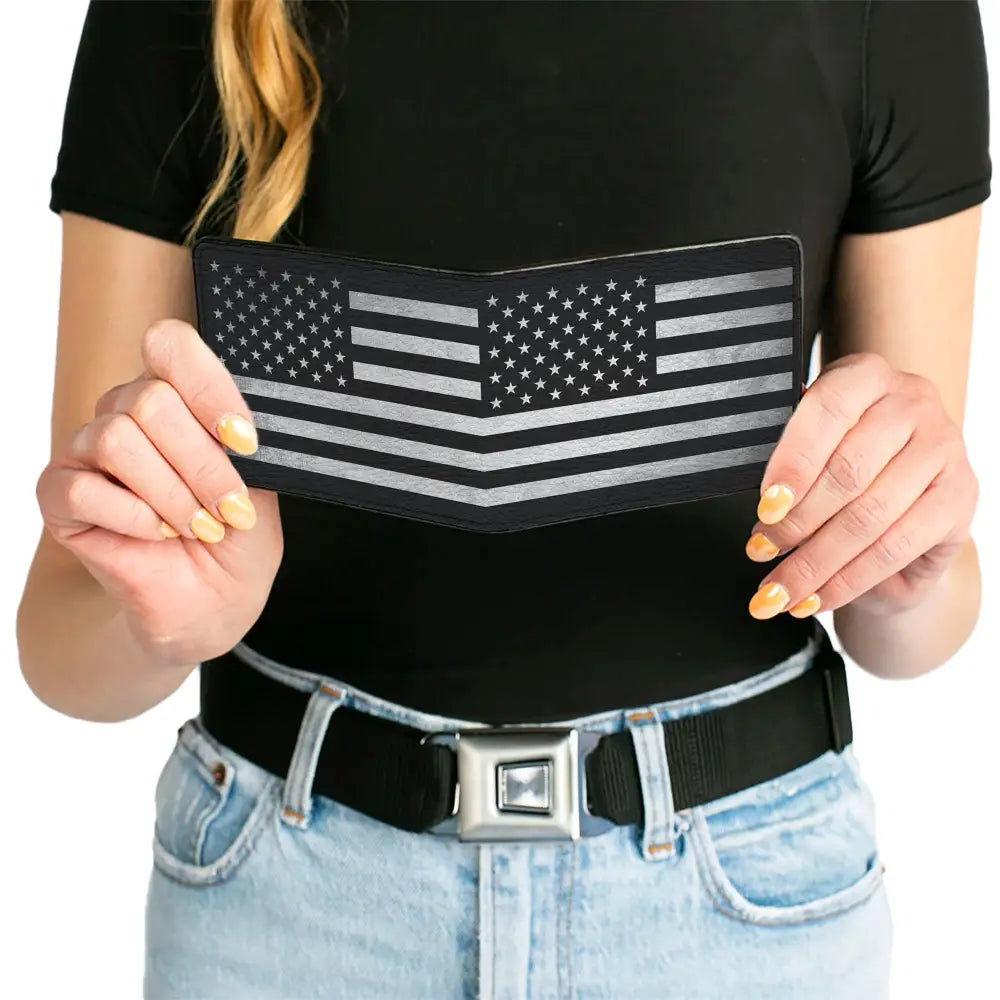 Bi-Fold Wallet - American Flag Weathered Black White Bi-Fold Wallets