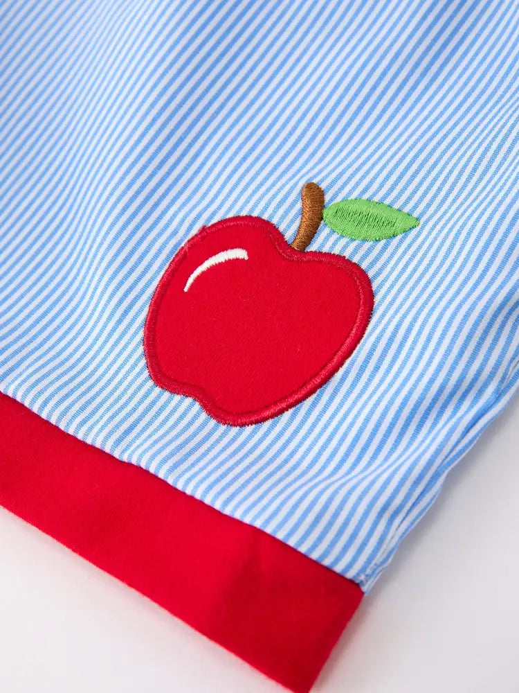Back To School Apple Pencil Embroidery Boy Top Shorts Set - Outfit