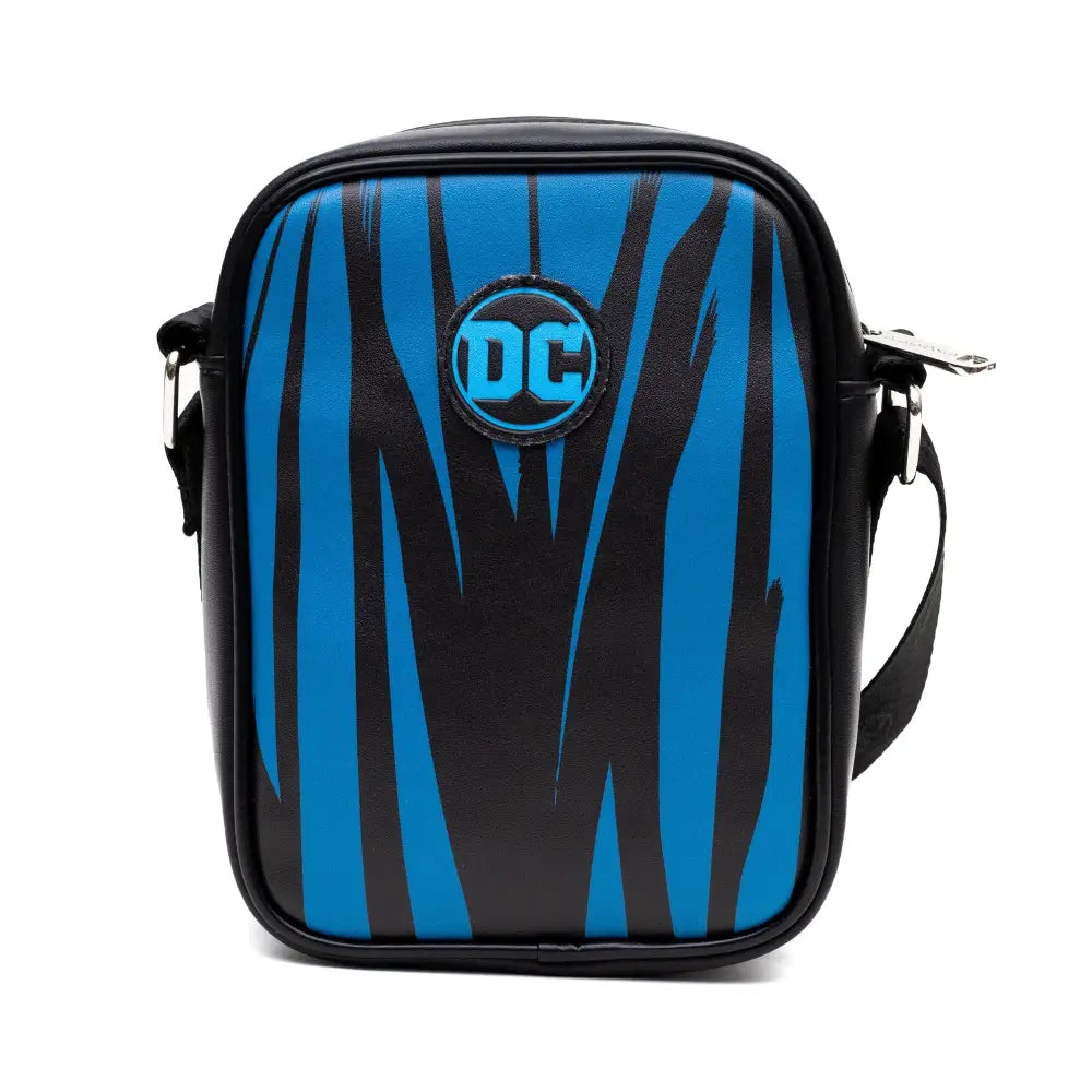 DC Comics Vegan Leather Round Crossbody Bag with Adjustable Straps Batman Character Close Up with Bat and Belt