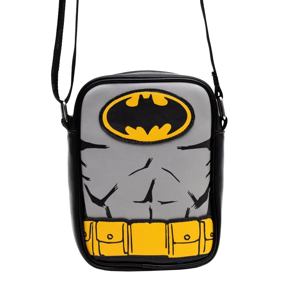 DC Comics Vegan Leather Round Crossbody Bag with Adjustable Straps Batman Character Close Up with Bat and Belt