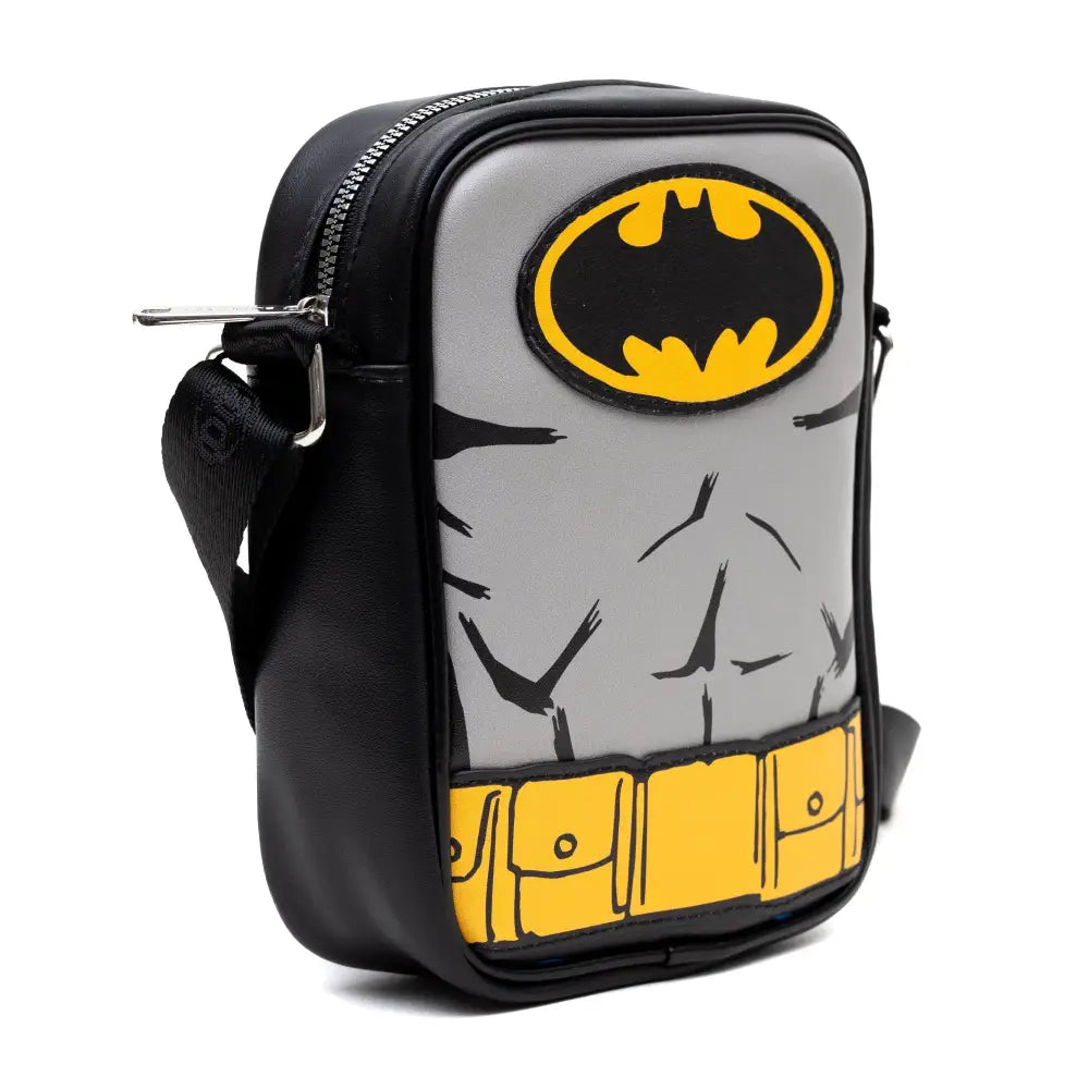 DC Comics Vegan Leather Round Crossbody Bag with Adjustable Straps Batman Character Close Up with Bat and Belt