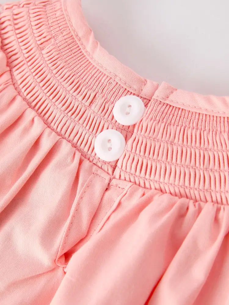 Girls Horse Smocking Embroidered Coral Romper Romper