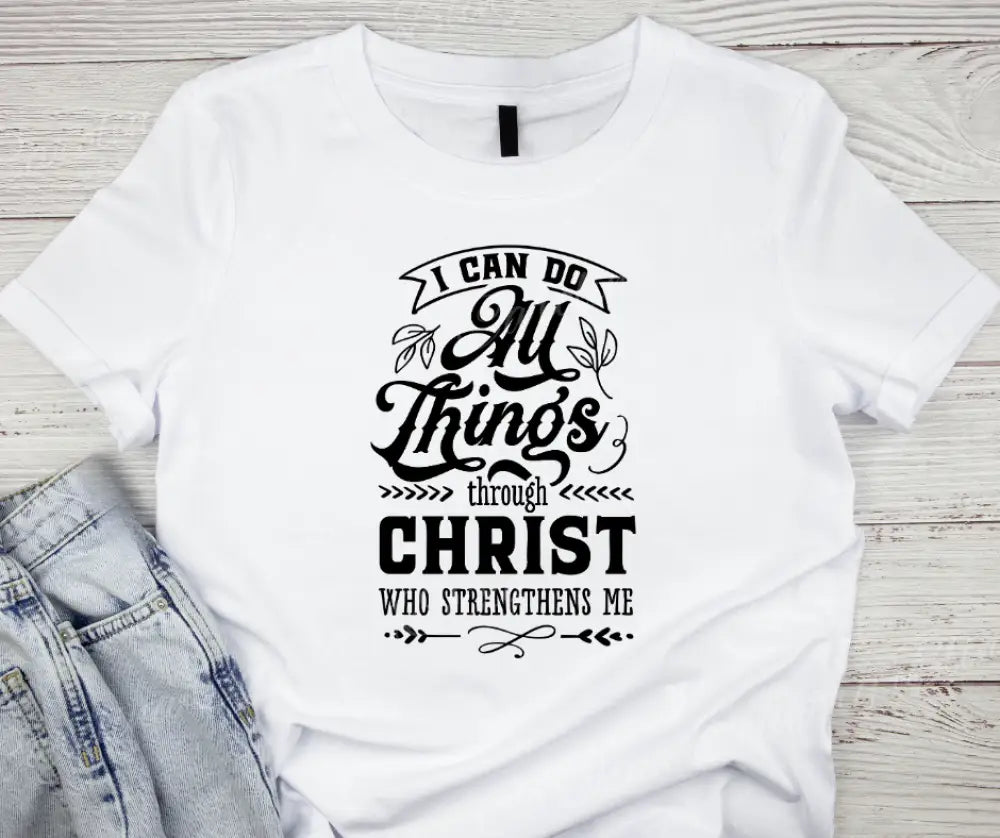 Christ Who Strengthens Me – Multi Small / White Short Sleeve Shirt