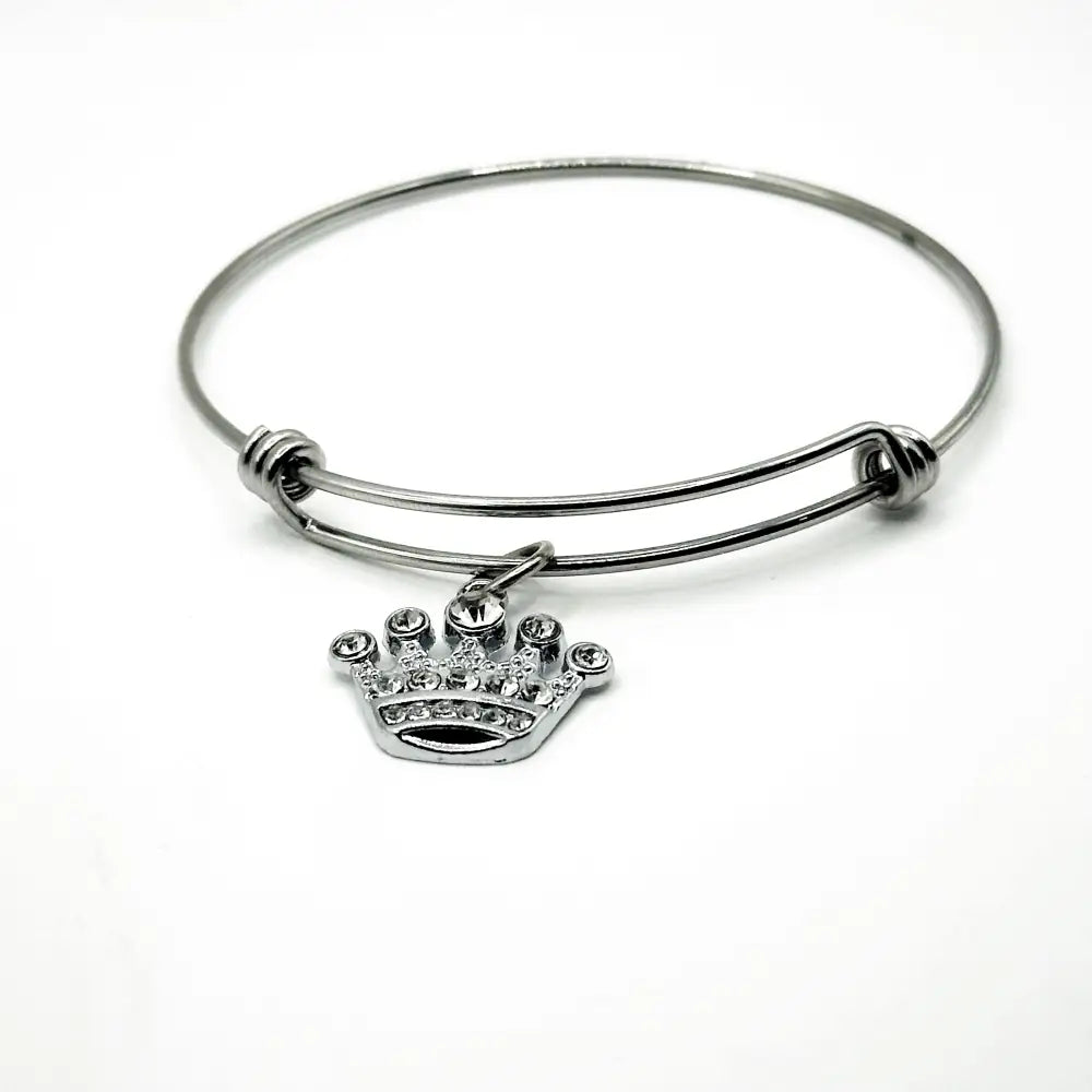 Rhinestone Crown Charm Bracelet Stainless Steel Expanding Bangle Princess Gift - Bracelets