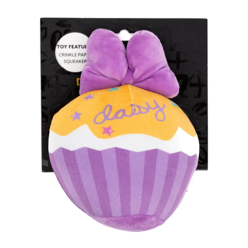 Dog Toy Squeaker Plush - Daisy Duck Script Cupcake with Pink Bow Dog Toy Squeaky Plush
