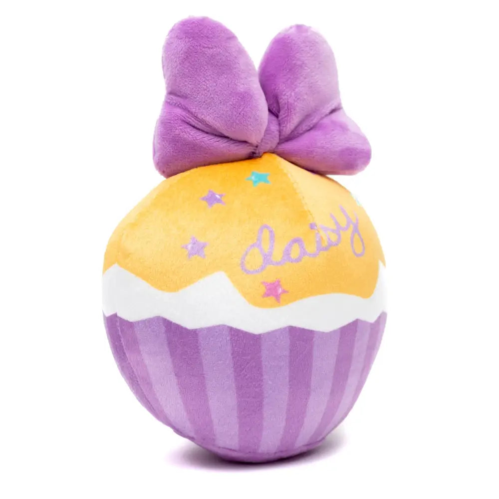 Dog Toy Squeaker Plush - Daisy Duck Script Cupcake with Pink Bow Dog Toy Squeaky Plush