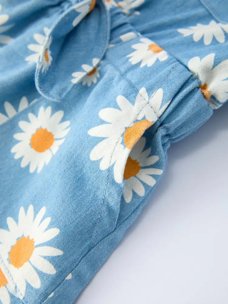 Spring Daisy Print Girls Blue Denim Jumpsuit Jumpsuit