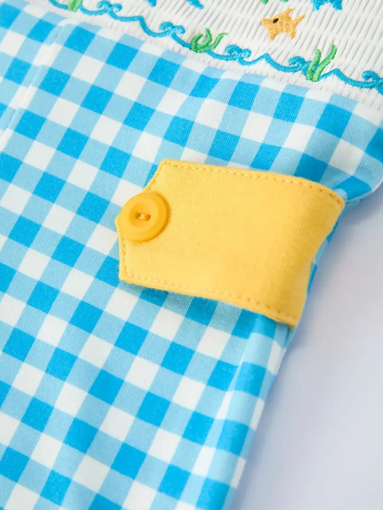 Fish Embroidery Smocking Plaid Baby Boy Romper Romper