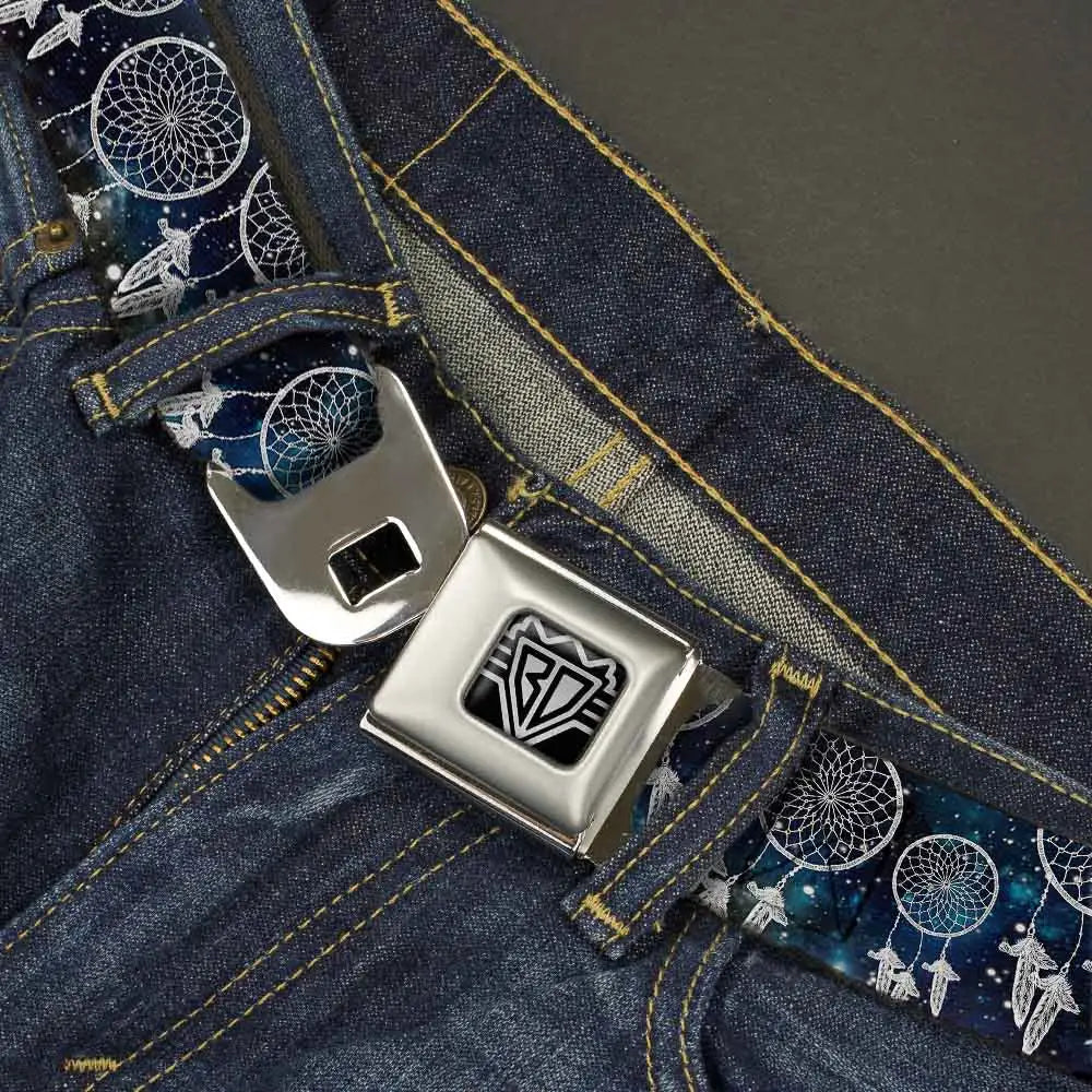 BD Wings Logo CLOSE-UP Full Color Black Silver Seatbelt Belt - Dream Catcher Galaxy/White Webbing Seatbelt Belts