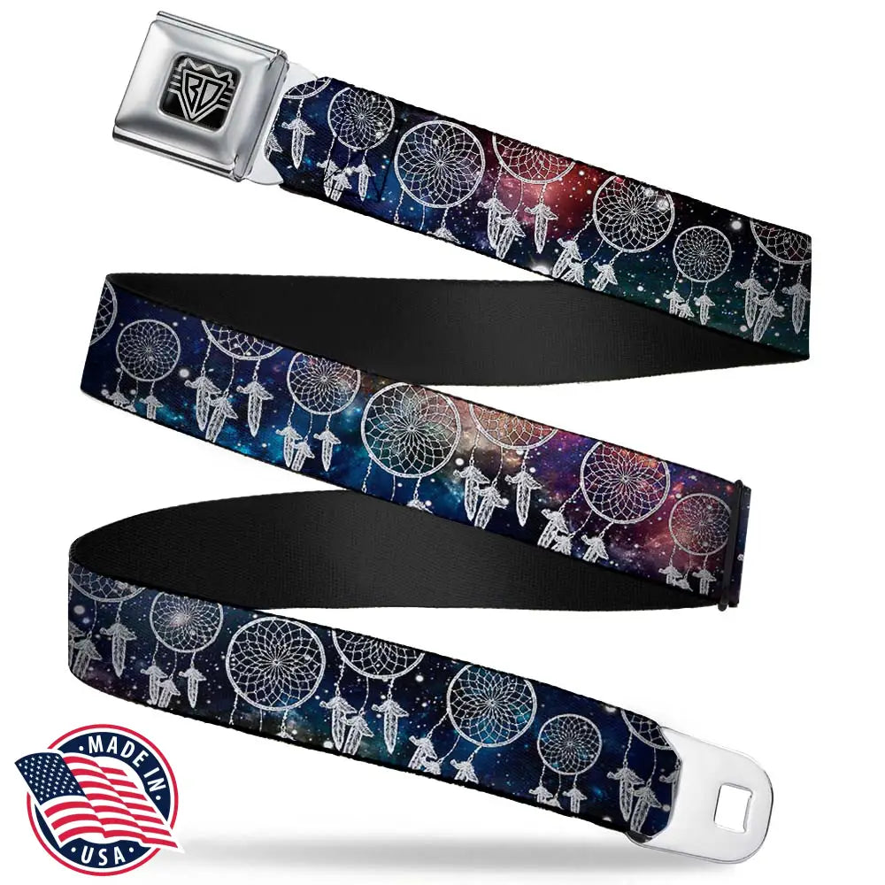 BD Wings Logo CLOSE-UP Full Color Black Silver Seatbelt Belt - Dream Catcher Galaxy/White Webbing Seatbelt Belts