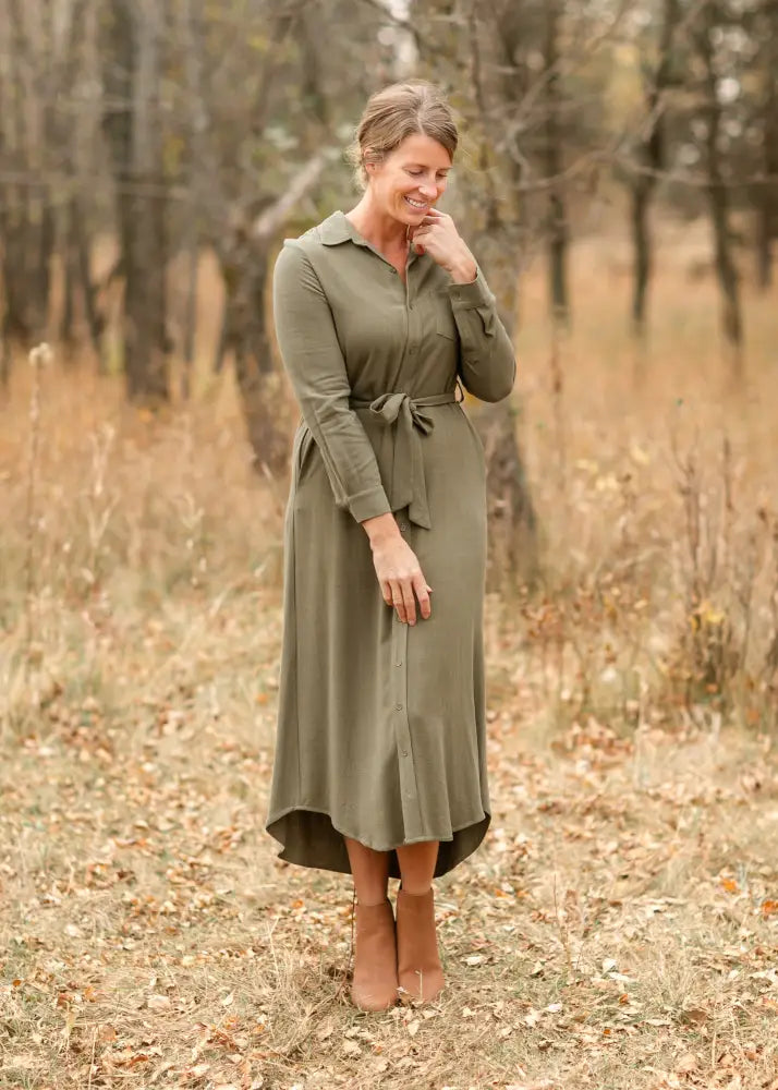 Essential Olive Long Sleeve Linen Shirt Dress - FINAL SALE - IC Dresses