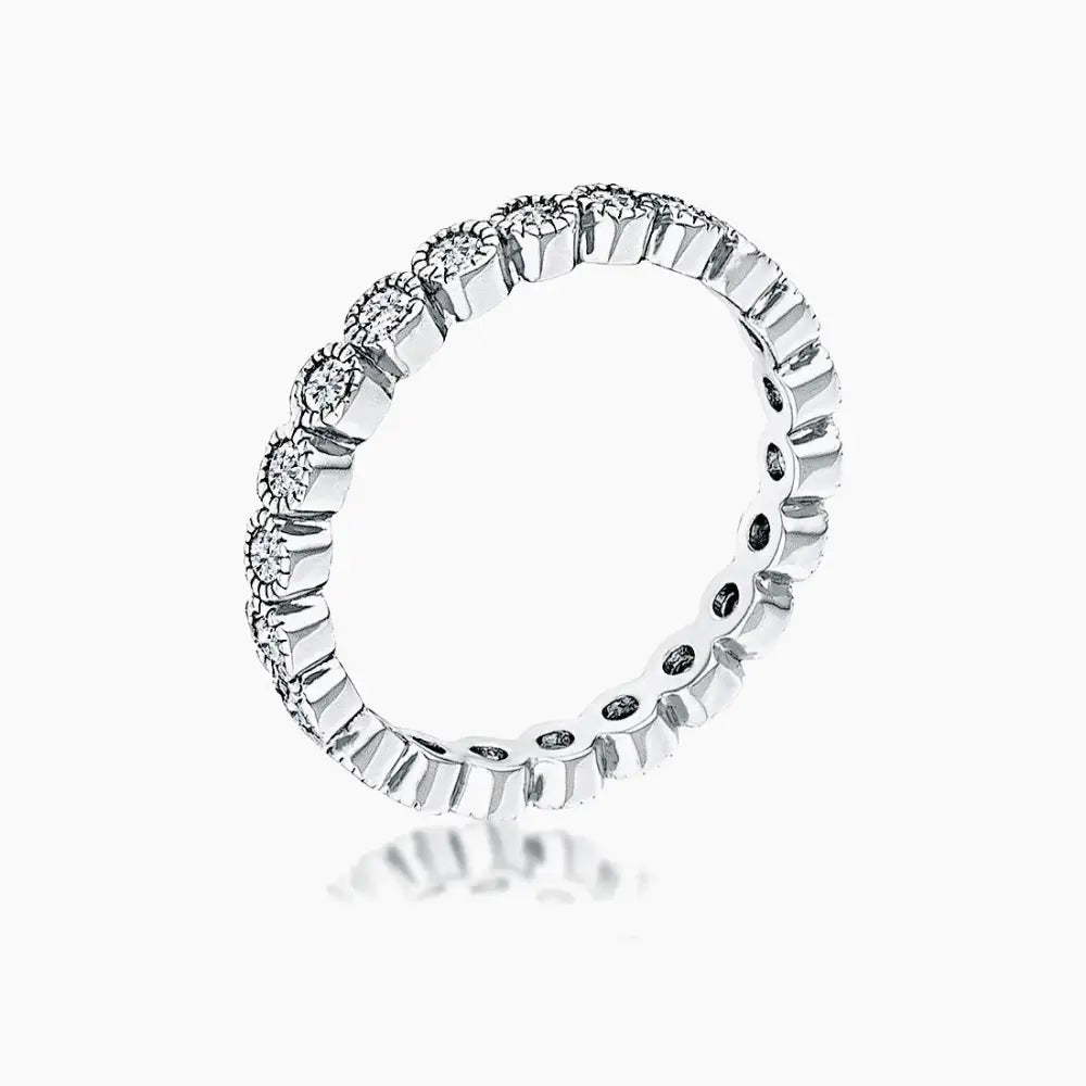 Rhodium Plated Dotted Clear CZ Round Bezel Eternity Ring - Rings