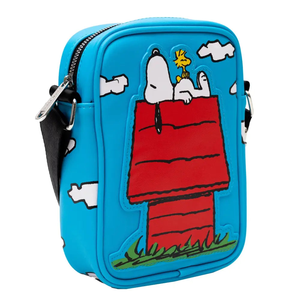 Peanuts Bag Crossbody The Secret of Life Snoopy and Woodstock Dog House Pose Blue Vegan Leather Crossbody Bags
