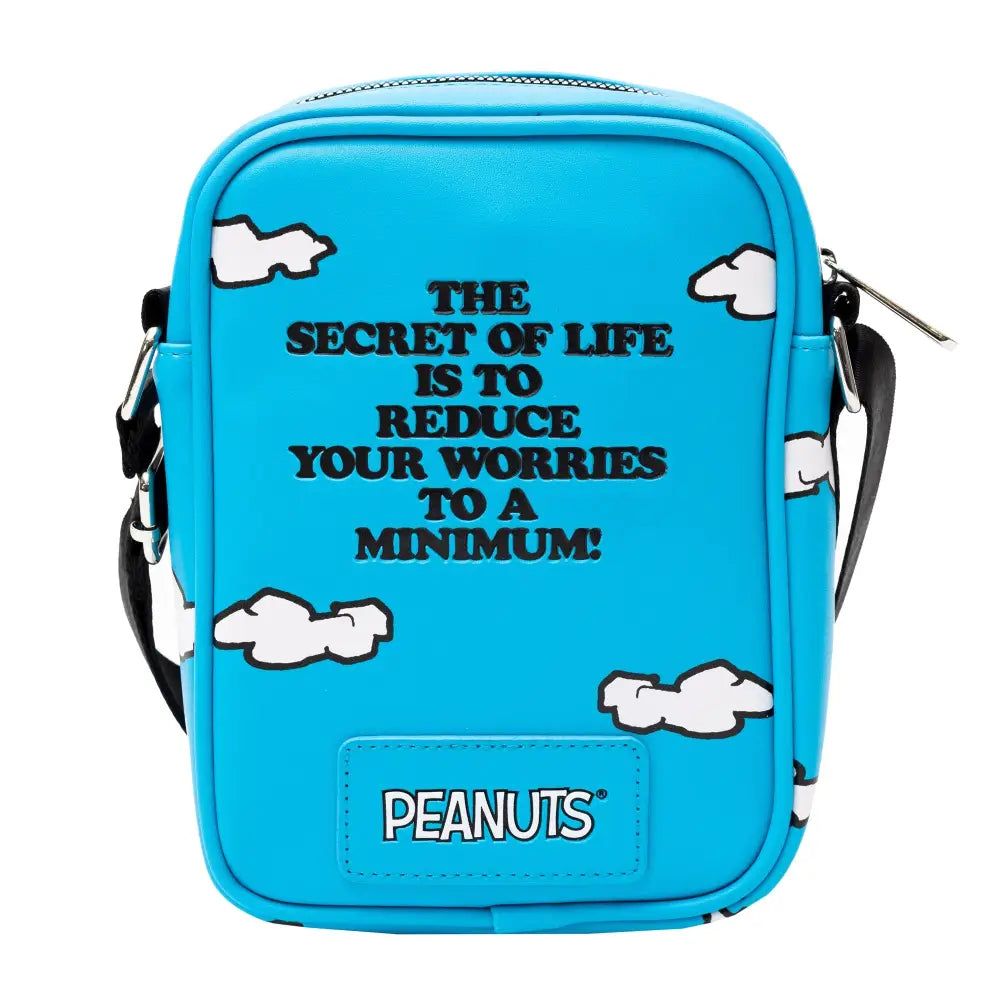 Peanuts Bag Crossbody The Secret of Life Snoopy and Woodstock Dog House Pose Blue Vegan Leather Crossbody Bags