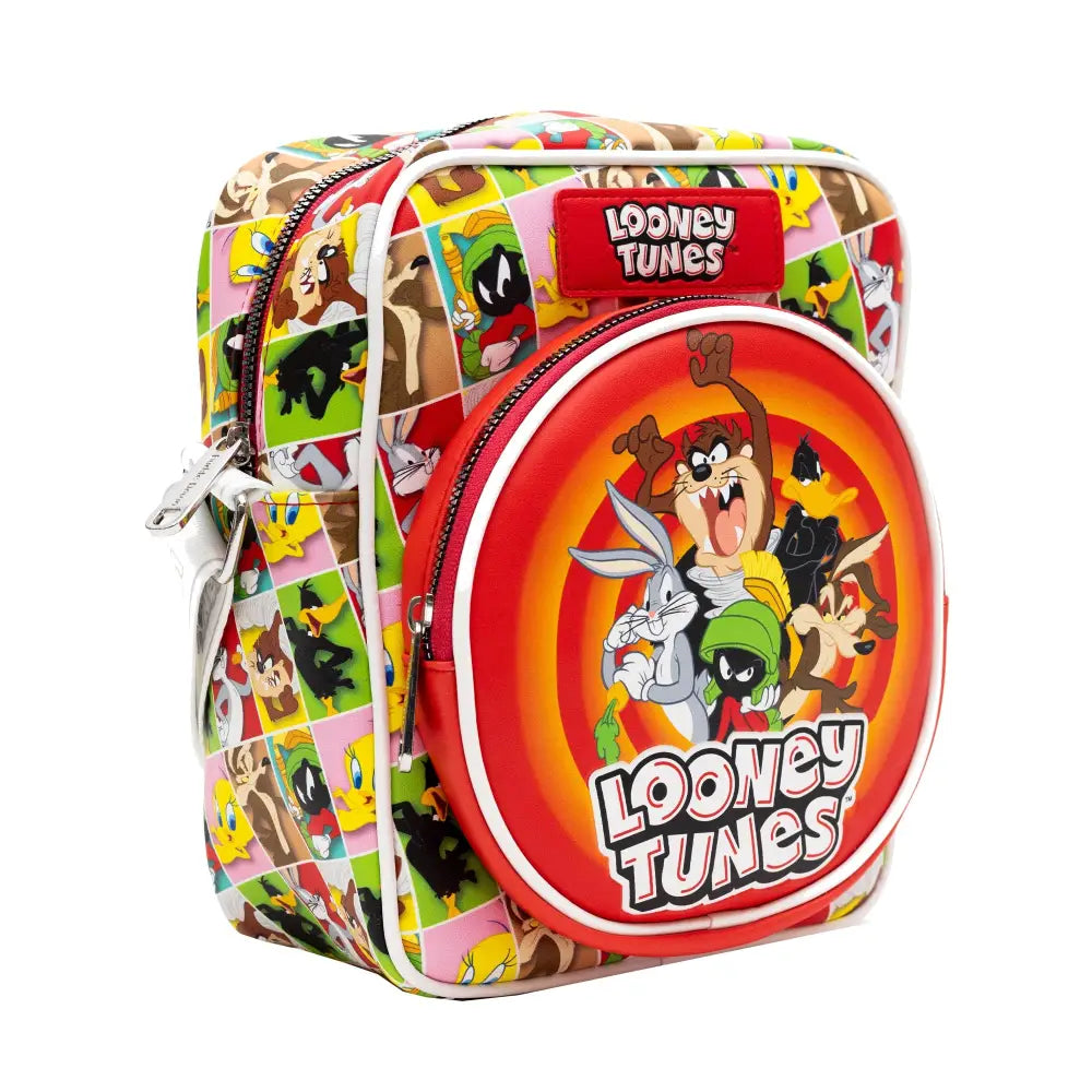 Looney Tunes Vegan Leather Crossbody Bag with Front and Back Zip Pocket Looney Tunes Bullseye Group Pose and Character