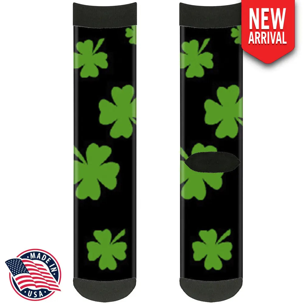 Sock Pair - Polyester - St. Pat’s Clovers Scattered2 Black Green - CREW Socks