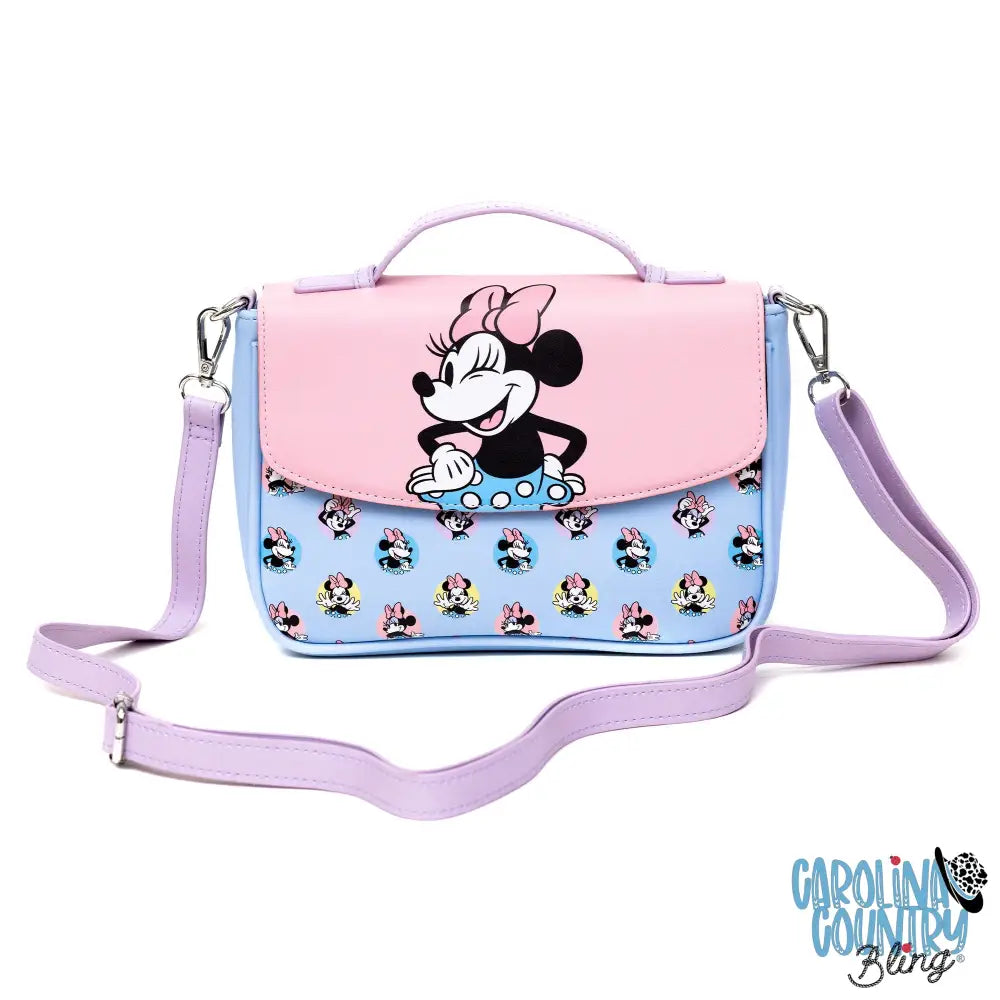 Disney Vegan Leather Fold Over Cross Body Bag for Women Minnie Mouse Winking Pose Pink and Polka Dot Poses Baby Blue