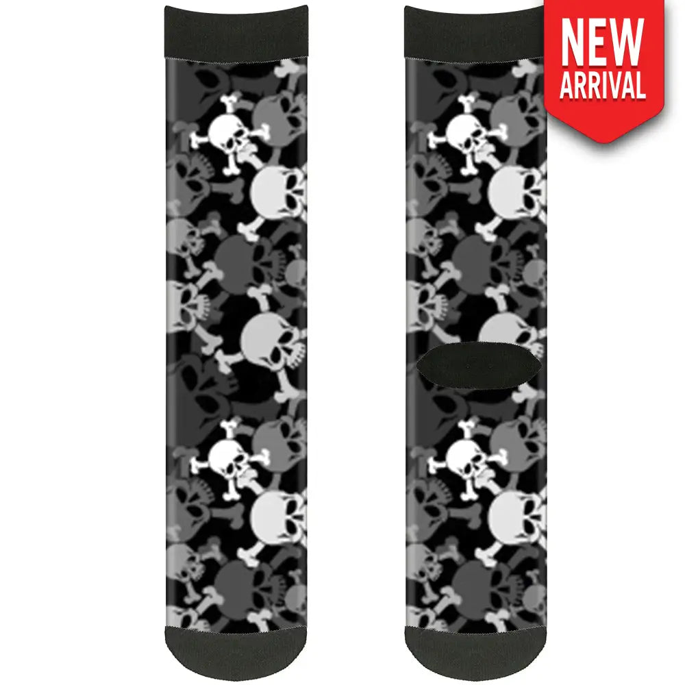 Sock Pair - Polyester - Top Skulls Stacked Black Gray White - CREW Socks