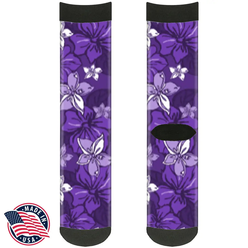 Sock Pair - Polyester - Hibiscus Collage Purple Shades - CREW Socks