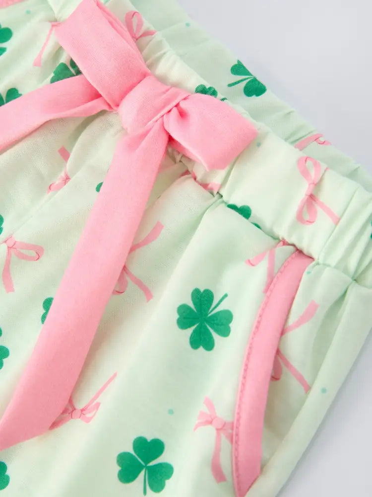 St. Patrick’s Day Bow Shamrock Print Ruffles Girls Pajama Set Pajamas