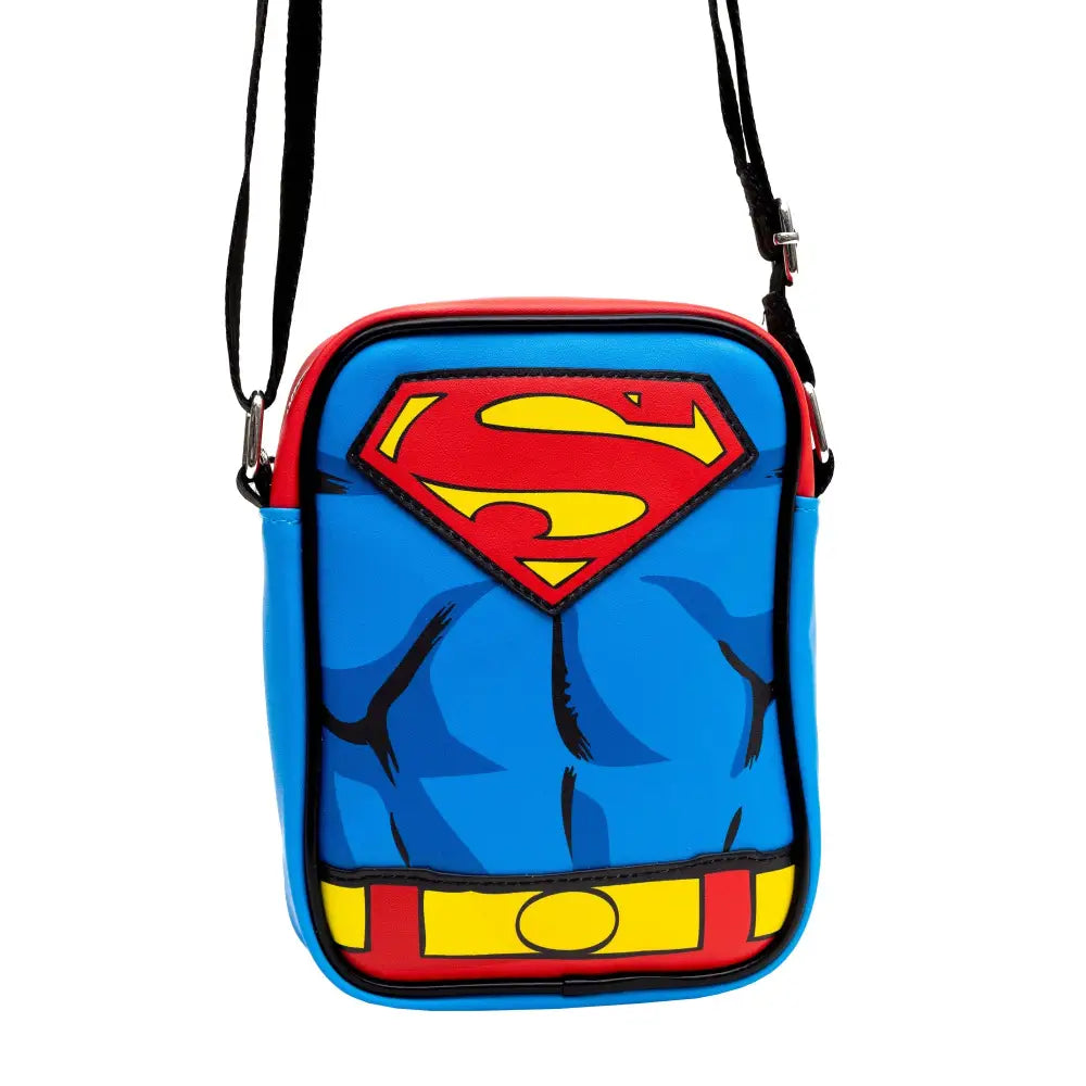 DC Comics Vegan Leather Crossbody Bag with Adjustable Straps Superman Character Close Up with Super Logo and Belt