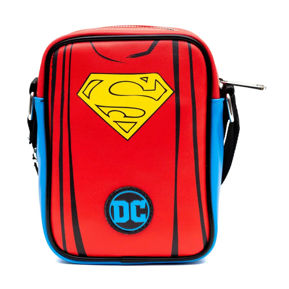 DC Comics Vegan Leather Crossbody Bag with Adjustable Straps Superman Character Close Up with Super Logo and Belt