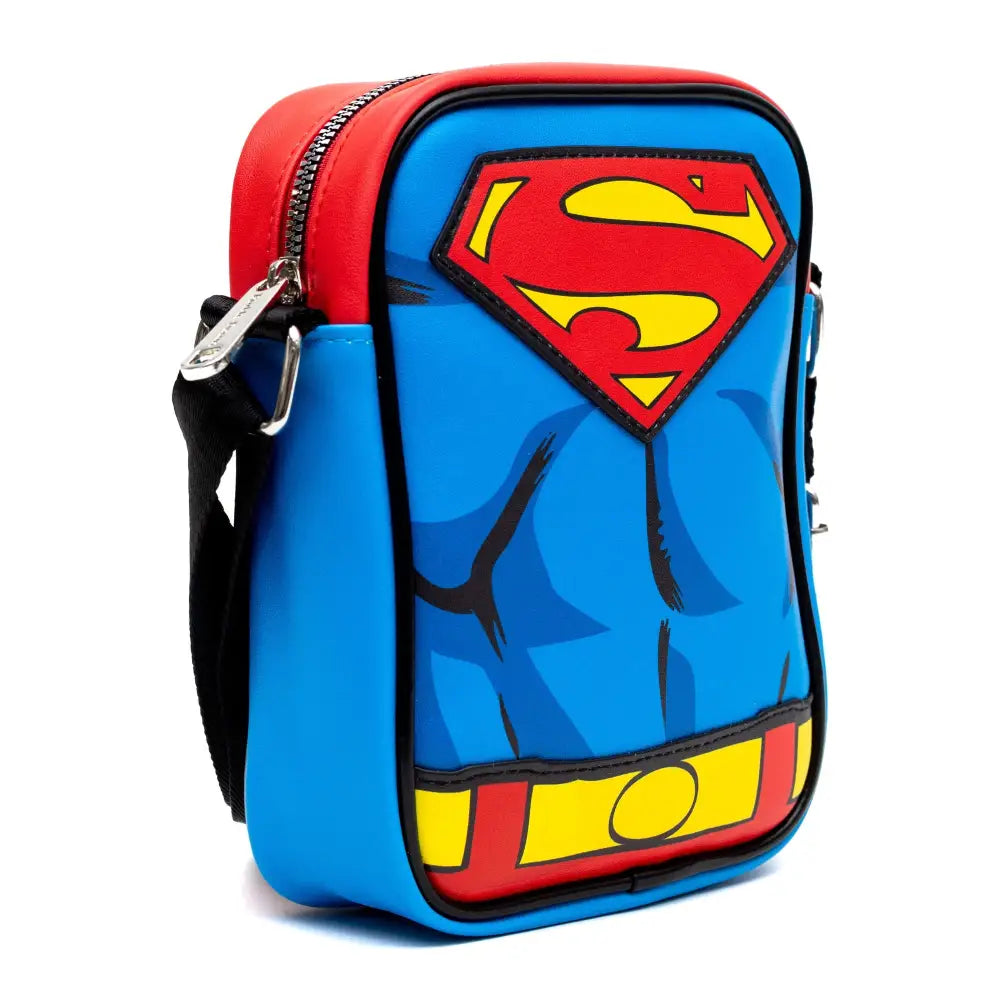 DC Comics Vegan Leather Crossbody Bag with Adjustable Straps Superman Character Close Up with Super Logo and Belt
