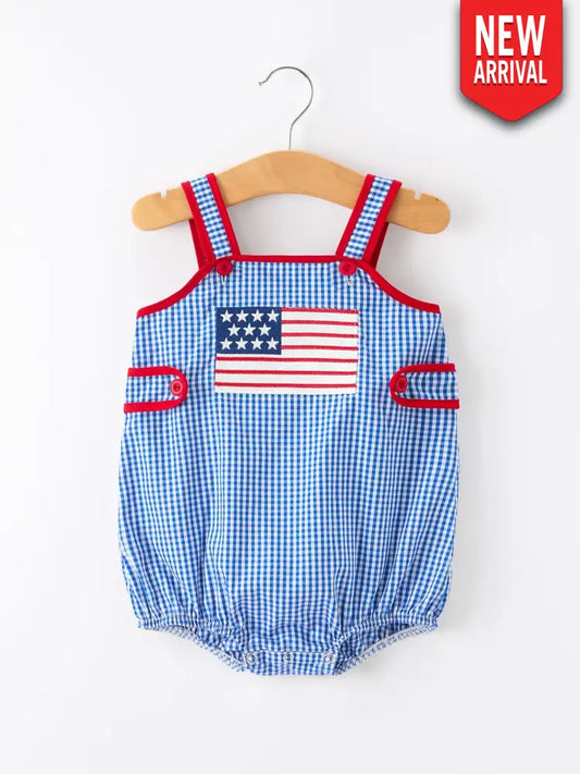 4th of July Flag Chenille Baby Girl Romper Plaid - Romper