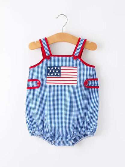 4th of July Flag Chenille Baby Girl Romper Plaid - Romper