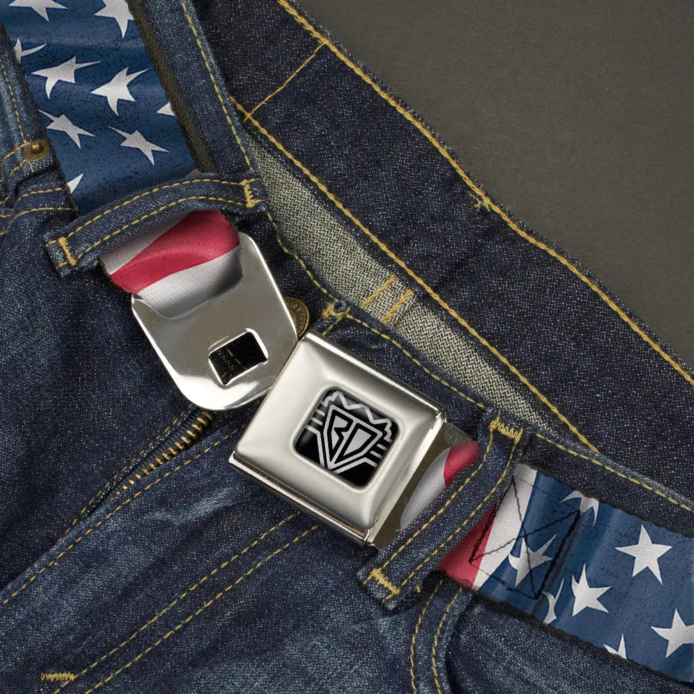 BD Wings Logo CLOSE-UP Full Color Black Silver Seatbelt Belt - American Flag Vertical CLOSE-UP Webbing Seatbelt Belts