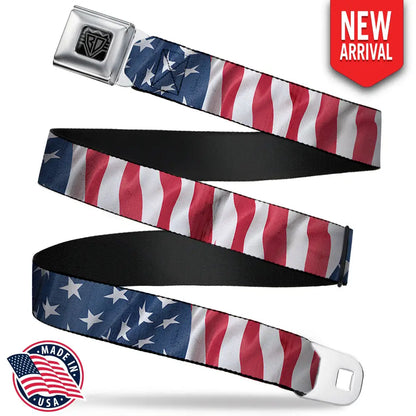 BD Wings Logo CLOSE-UP Full Color Black Silver Seatbelt Belt - American Flag Vertical CLOSE-UP Webbing Seatbelt Belts