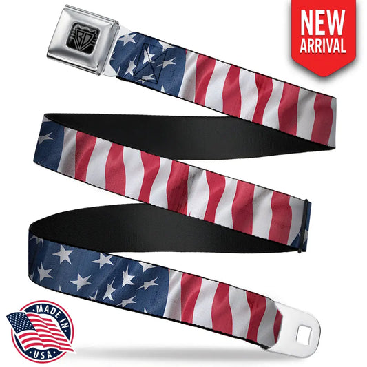 BD Wings Logo CLOSE-UP Full Color Black Silver Seatbelt Belt - American Flag Vertical CLOSE-UP Webbing Seatbelt Belts