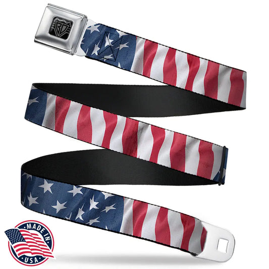 BD Wings Logo CLOSE-UP Full Color Black Silver Seatbelt Belt - American Flag Vertical CLOSE-UP Webbing Seatbelt Belts