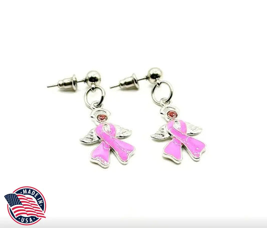 Silver-tone Pink Wings Ribbon Earrings Awareness Gifts Breast Cancer Survivor Gifts - Earrings