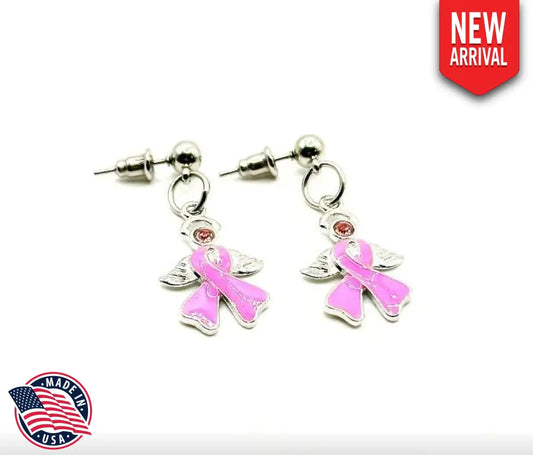 Silver-tone Pink Wings Ribbon Earrings Awareness Gifts Breast Cancer Survivor Gifts - Earrings