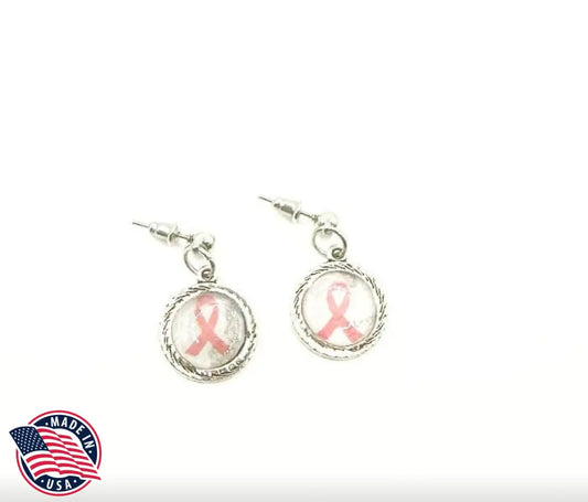 Silver-tone Pink Ribbon Cabochon Earrings Awareness Gifts Breast Cancer Survivor Gifts - Earrings
