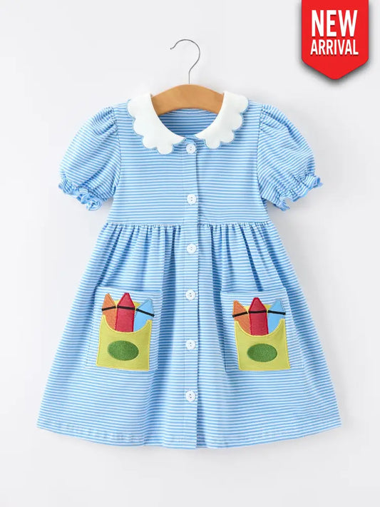 Girls Back To School Pencil Dress Petals Collar Pocket Applique - Dress