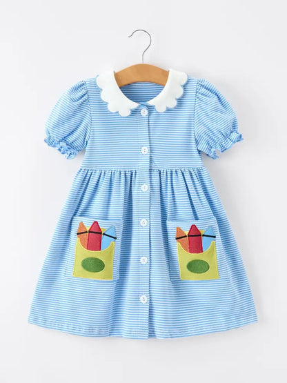 Girls Back To School Pencil Dress Petals Collar Pocket Applique - Dress