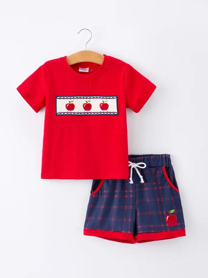 Back To School Apple Boys Set Plaid Shorts - Outfit