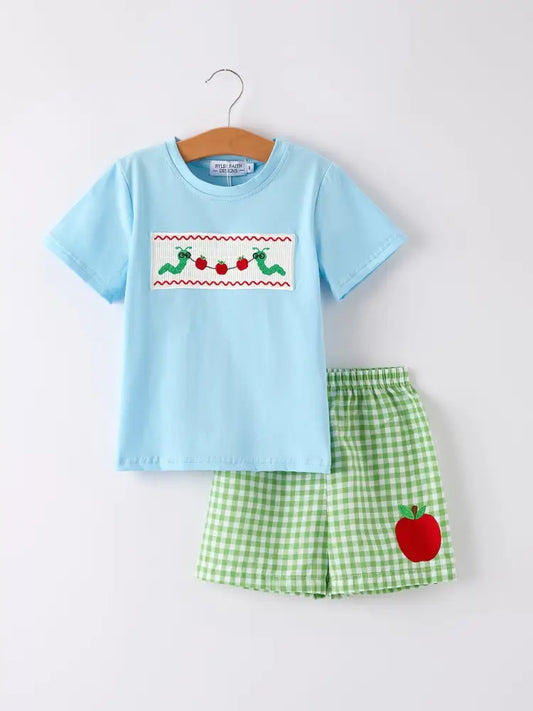Boys Back to School Smock Embroidered Top+ Plaid Shorts - Outfit