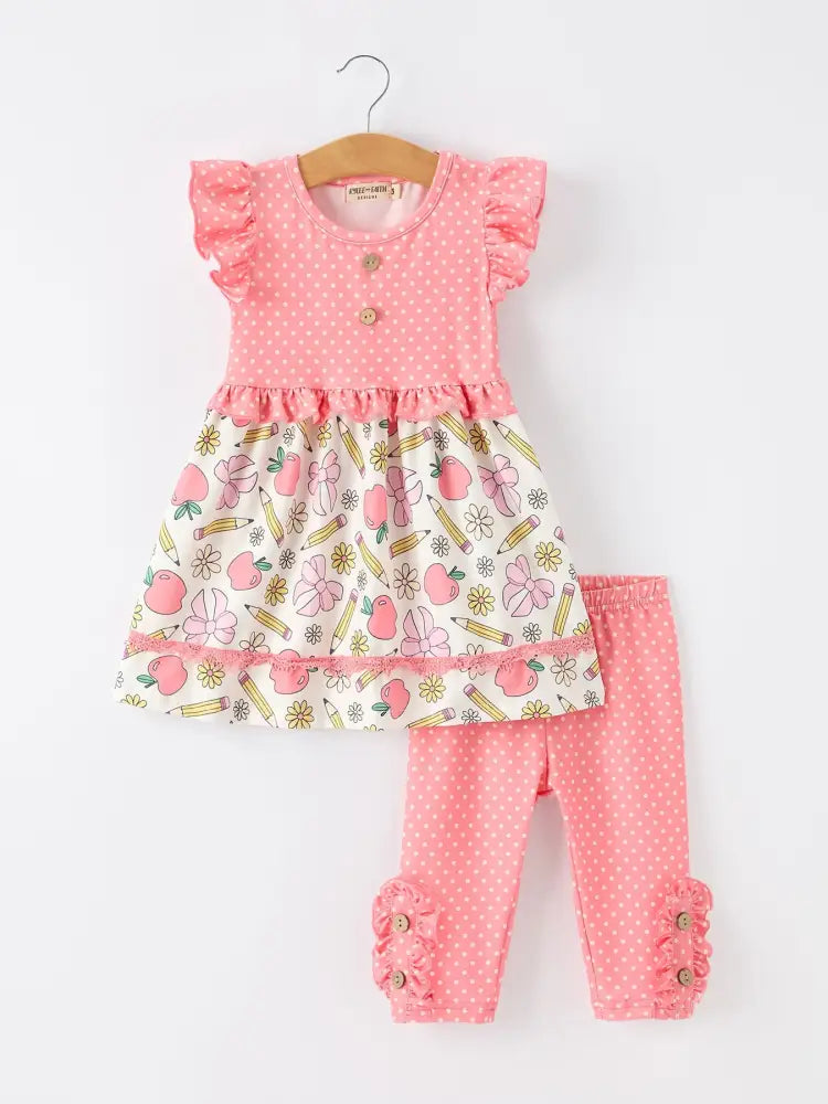 Girls Back To School Apple Pencil Polka Dot Dress Leggings Set - Outfit