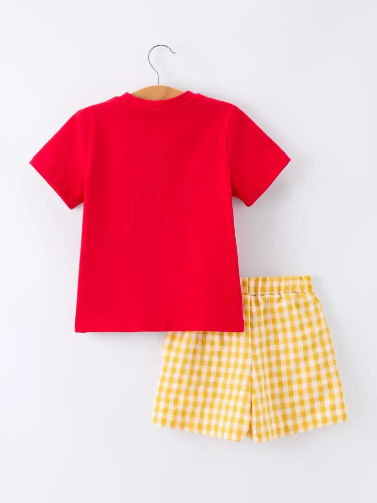 Back to School Crayon Smocked Boys Plaid Shorts Set - Outfit