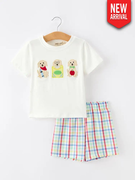 Boys Back To School Dog Plaid Short Set Applique - Outfit