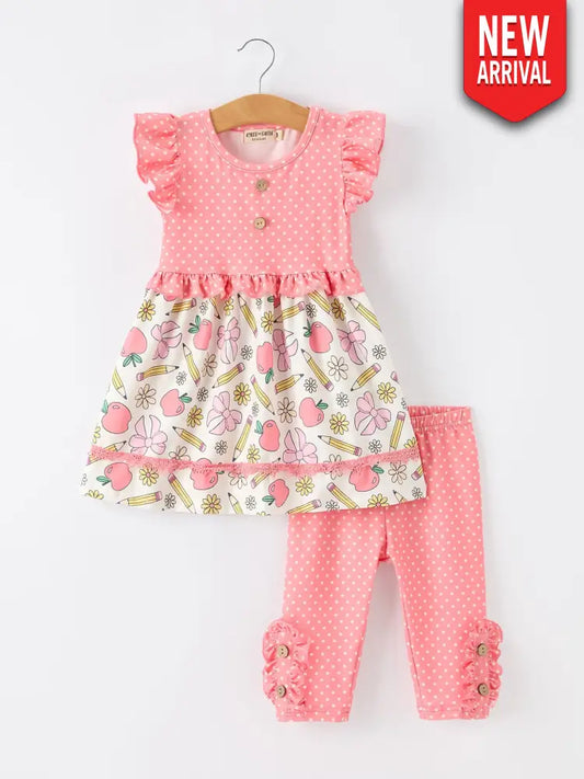 Girls Back To School Apple Pencil Polka Dot Dress Leggings Set - Outfit
