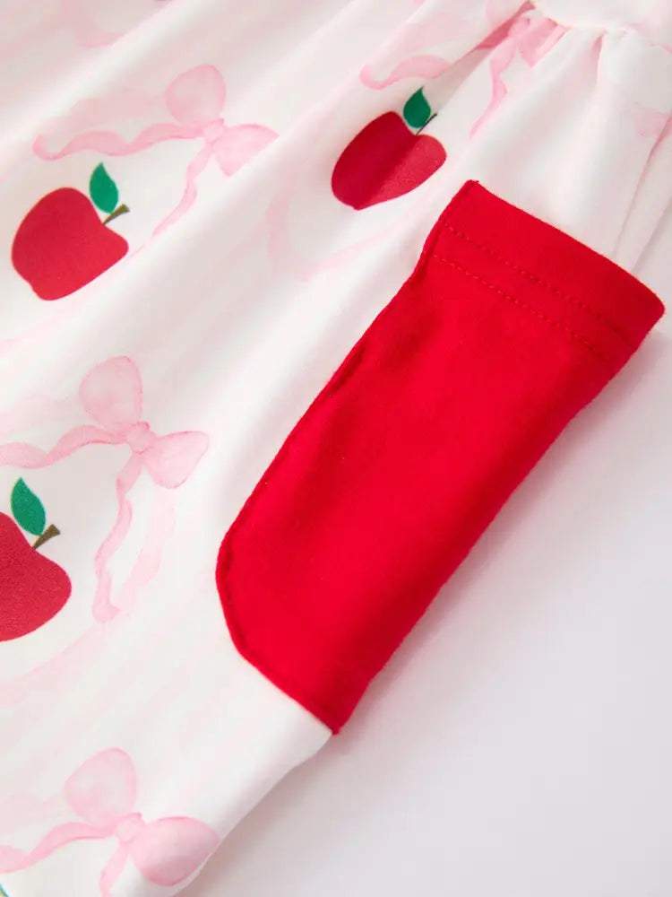Girls Back To School Apple Bow Pocket Ruffle Top Shorts Set - Outfit