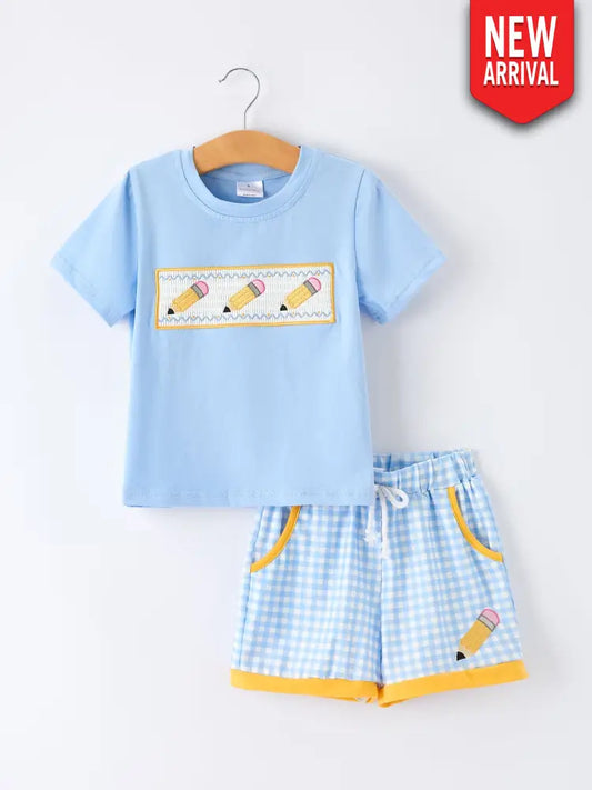 Back to School Pencil Boys Set Applique Plaid Shorts - Outfit