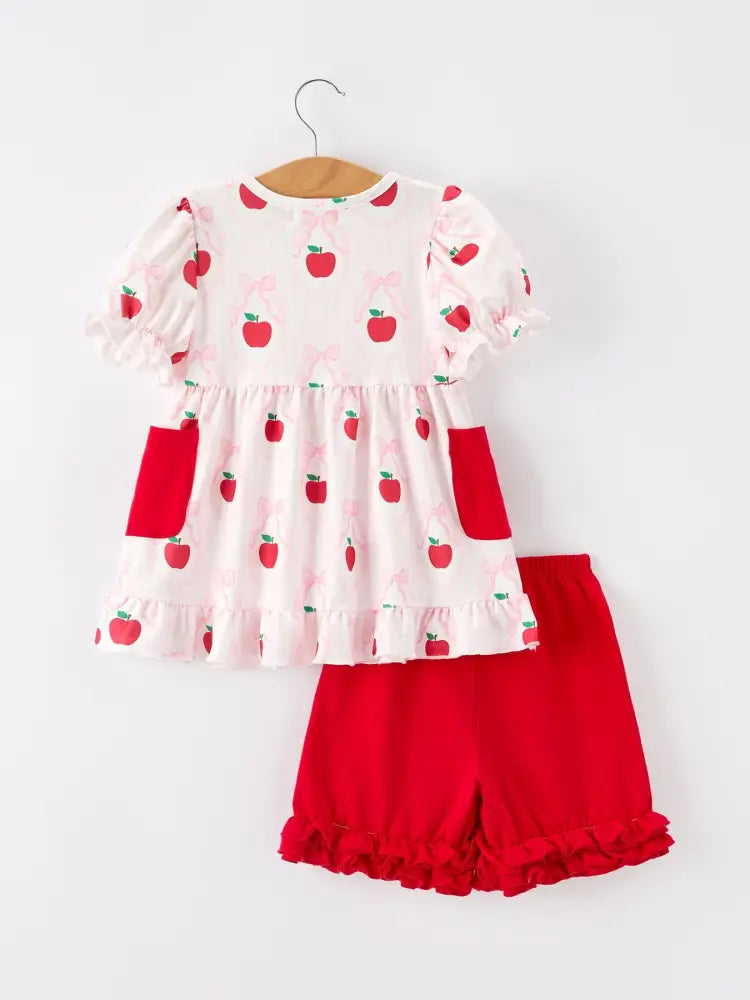 Girls Back To School Apple Bow Pocket Ruffle Top Shorts Set - Outfit