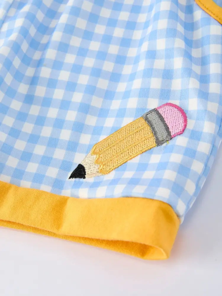 Back to School Pencil Boys Set Applique Plaid Shorts - Outfit