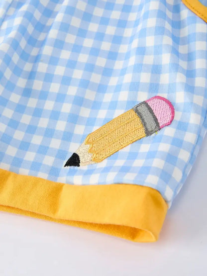 Back to School Pencil Boys Set Applique Plaid Shorts - Outfit