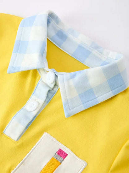 Boys Back To School Pencil Plaid Polo Short Set Embroidery - Outfit